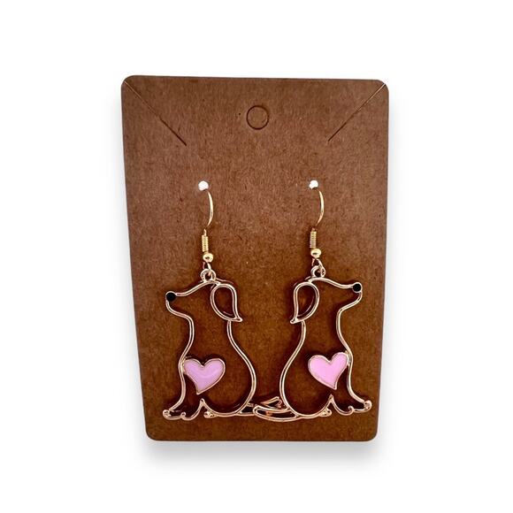 Dog Shape Drop Dangle Gold Tone Earrings Pink Heart Design Novelty Gift - Picture 1 of 5